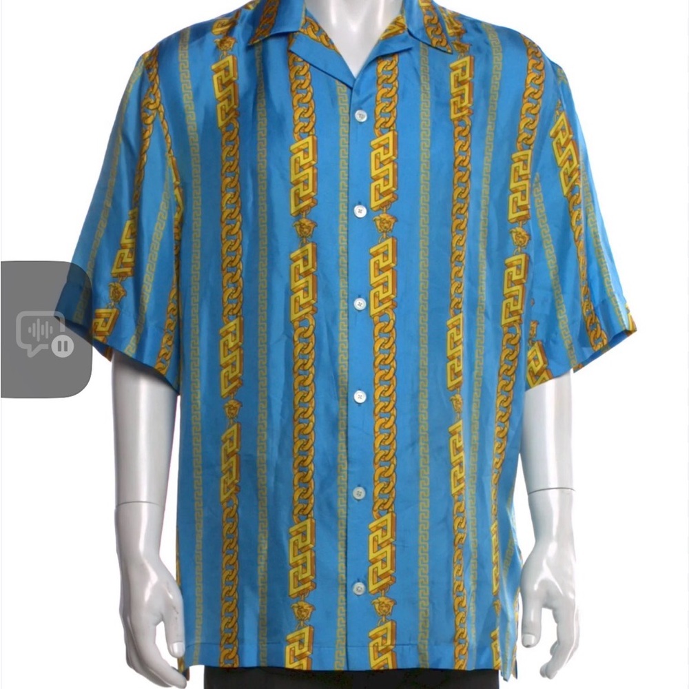 Versace Men's Shirt in Blue and Gold Pattern